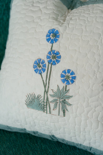 Blue Floral Quilted Cushion Cover-handcrafted-premium-fabric-bohemian-style