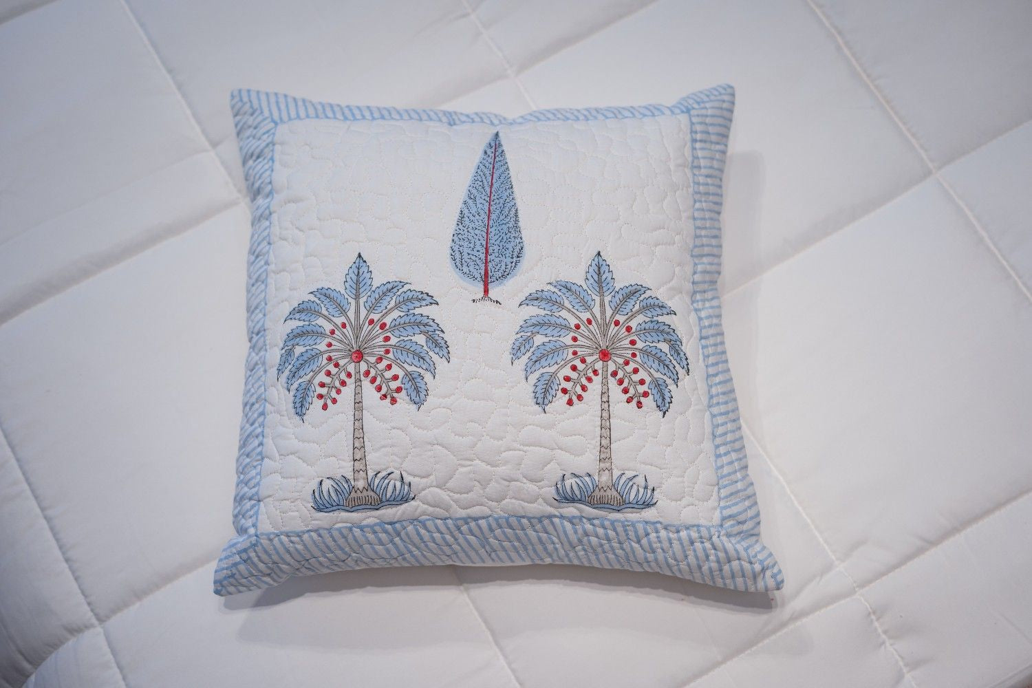 Blue Blossom Hand-Block Quilted Cotton Cushion Cover