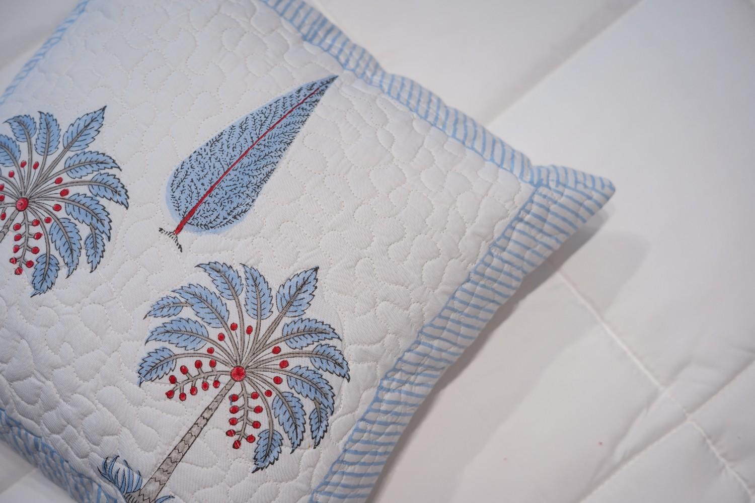 Blue Blossom Hand-Block Quilted Cotton Cushion Cover