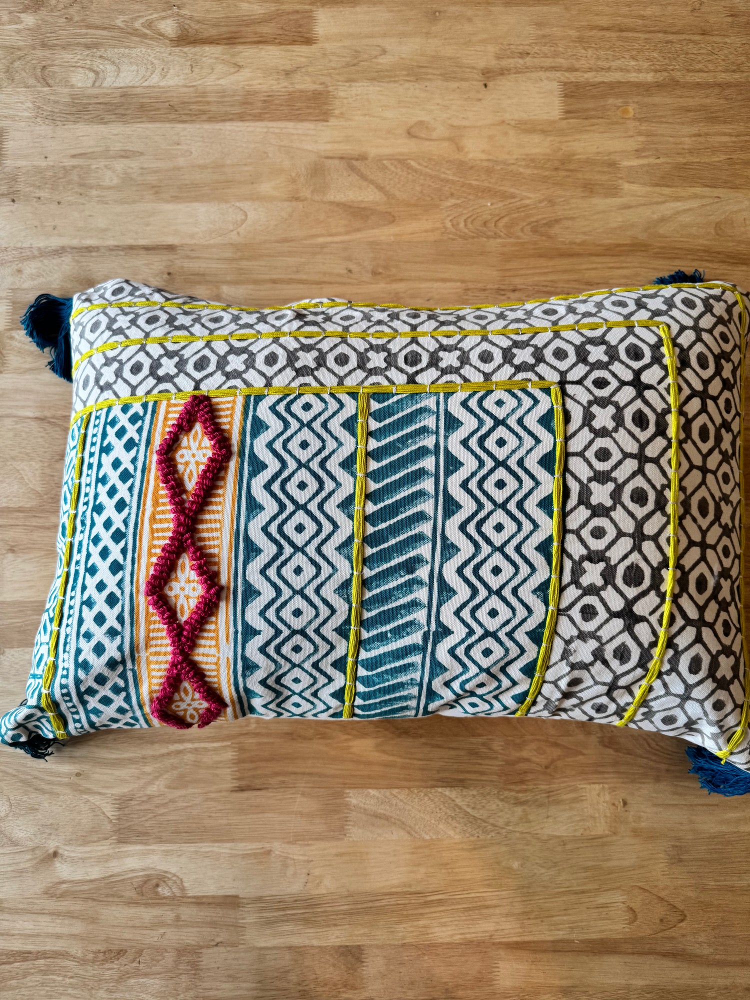 The Indigo Stripe & Lattice Lumbar Cushion Cover