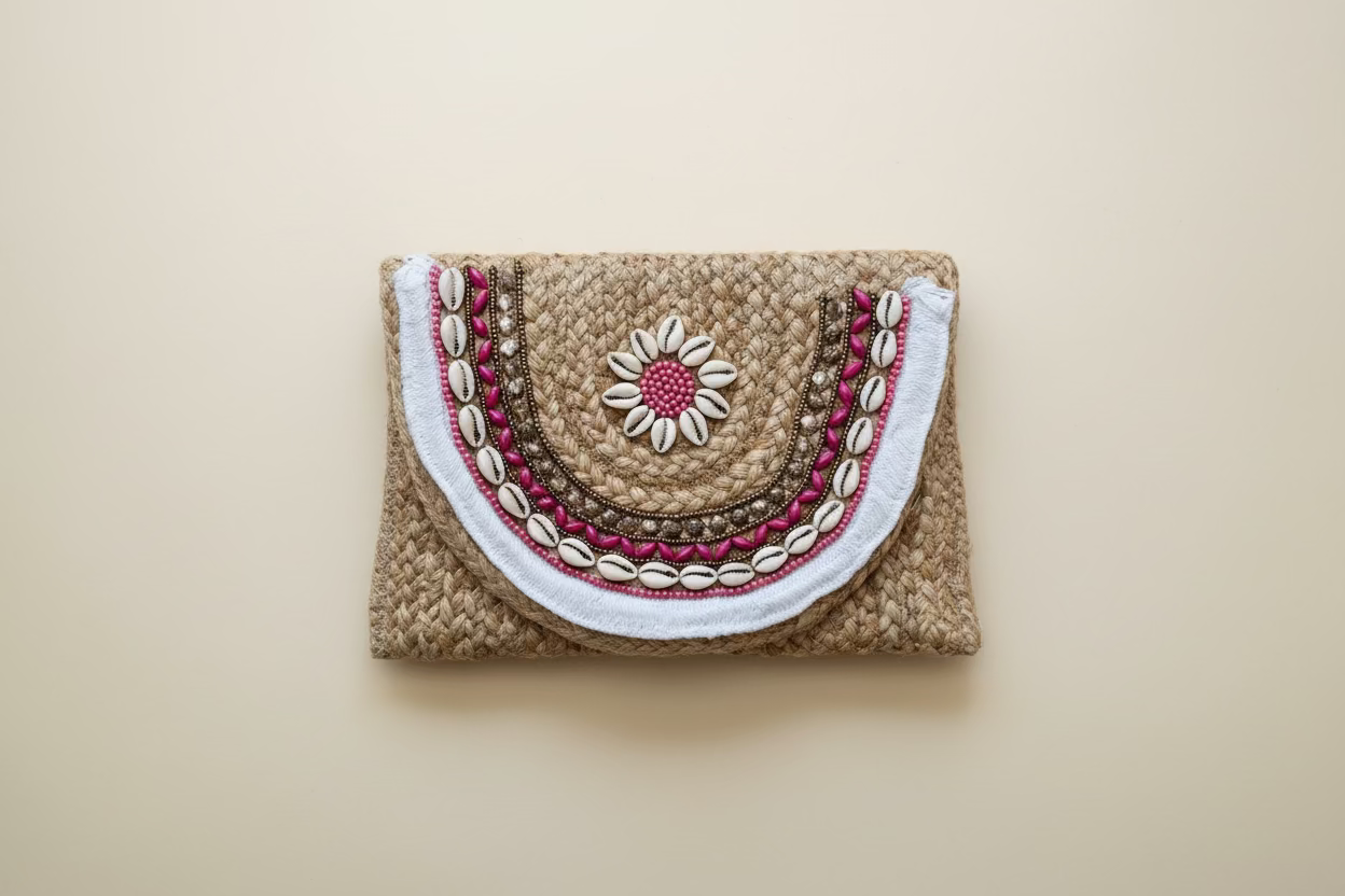 Berry Bloom Shell Jute Clutch