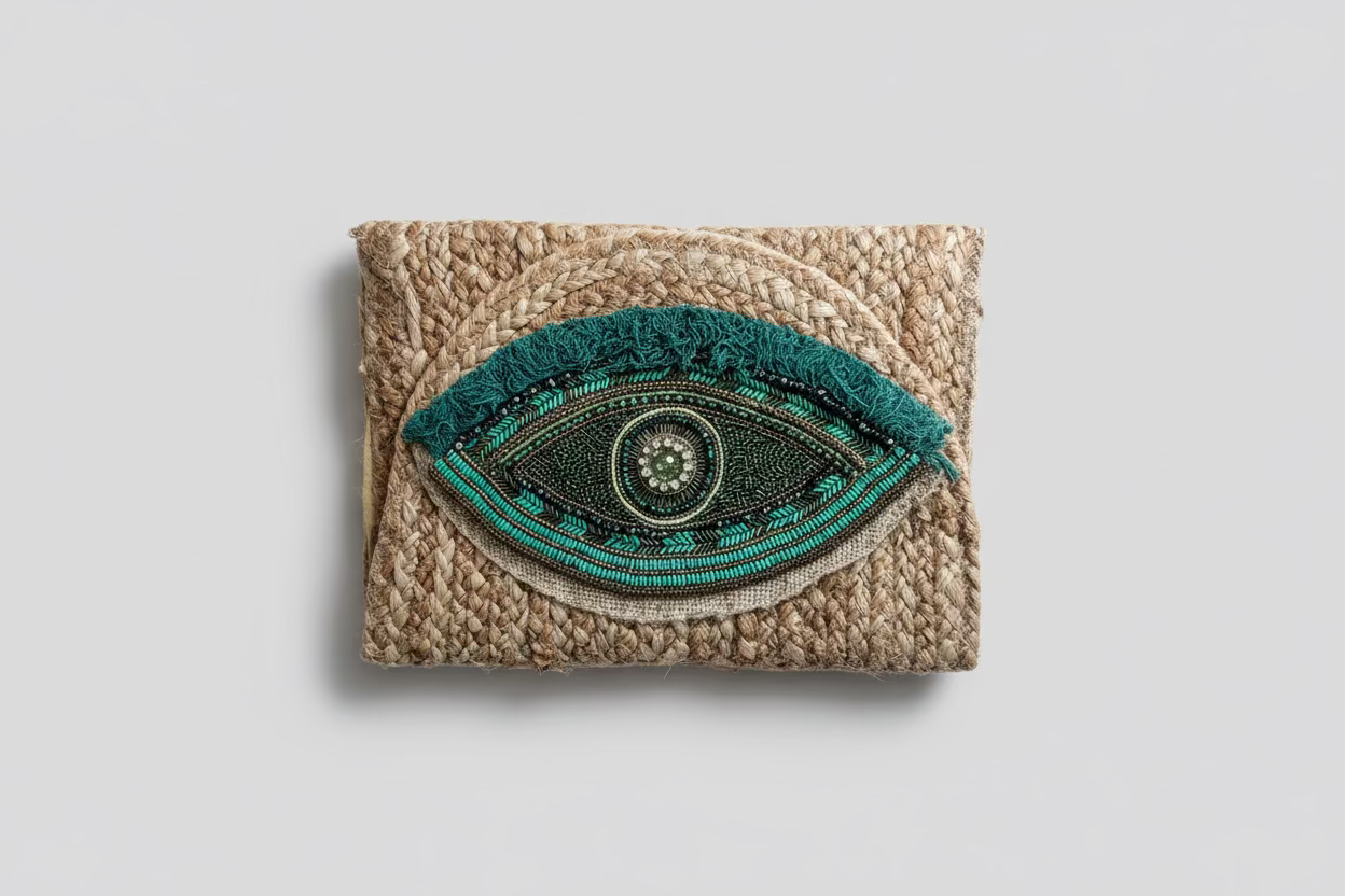 Teal Mystique Evil Eye Jute Clutch