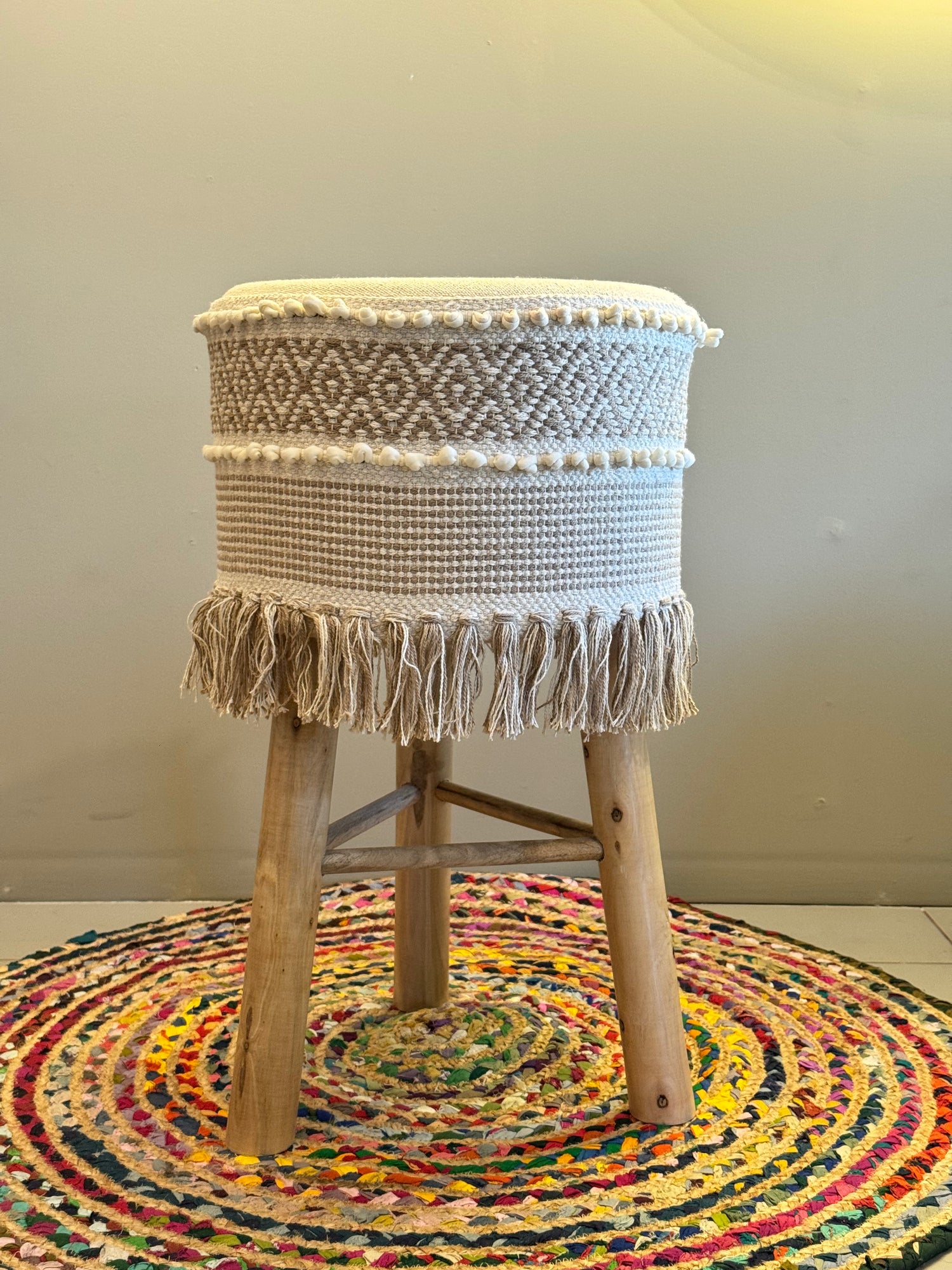 Elevated Artisan Weave Stool – Sand & Cream