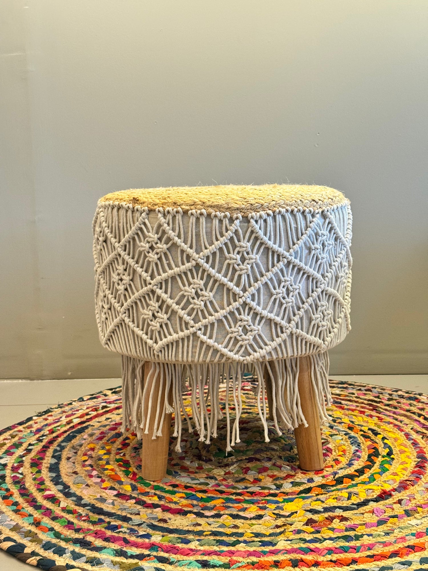 White Hand-Knotted Macramé Diamond Stool