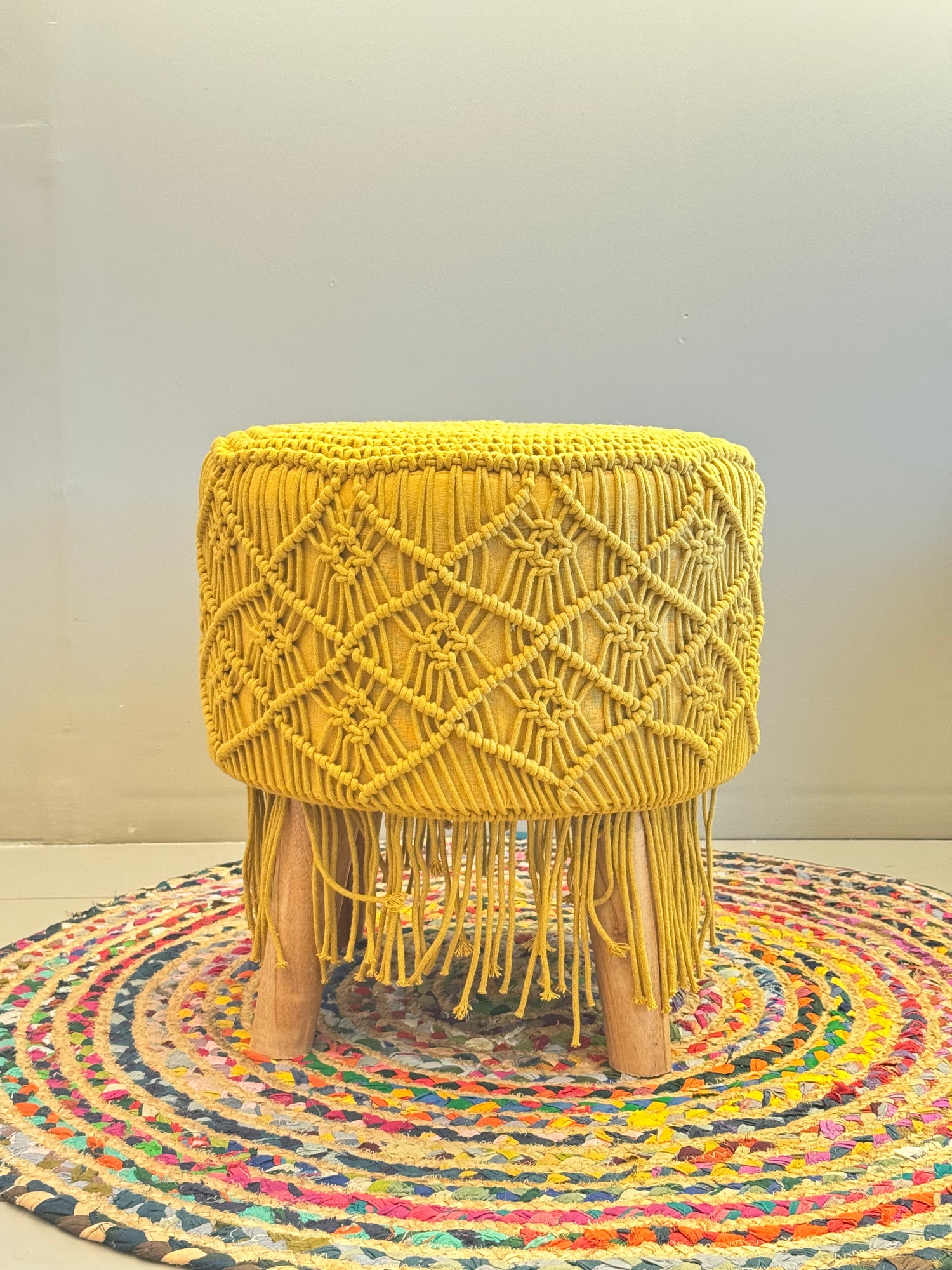 Mustard Hand-Knotted Macramé Diamond Stool