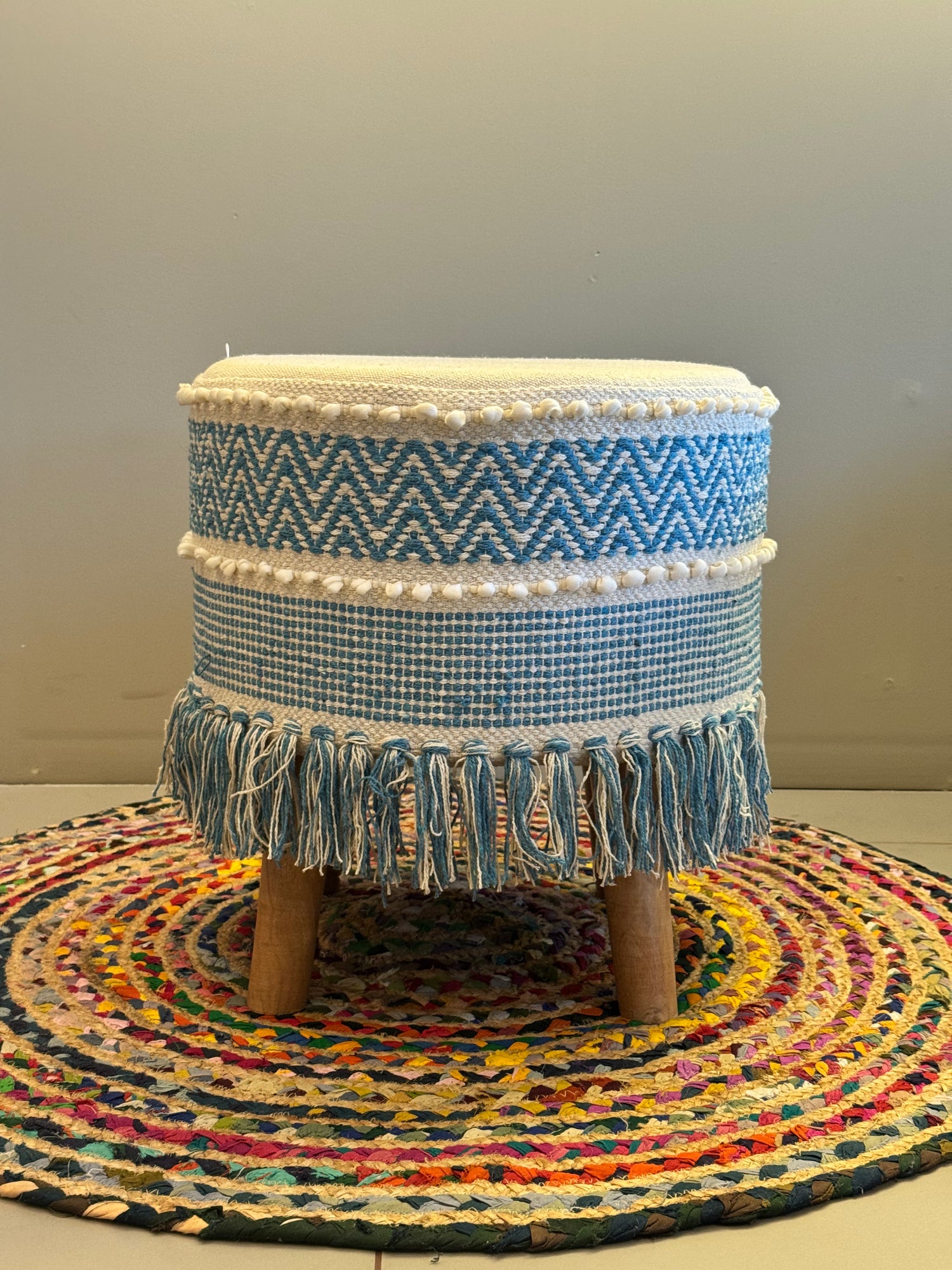 Blue Artisan Handwoven Boho Ottoman Stool
