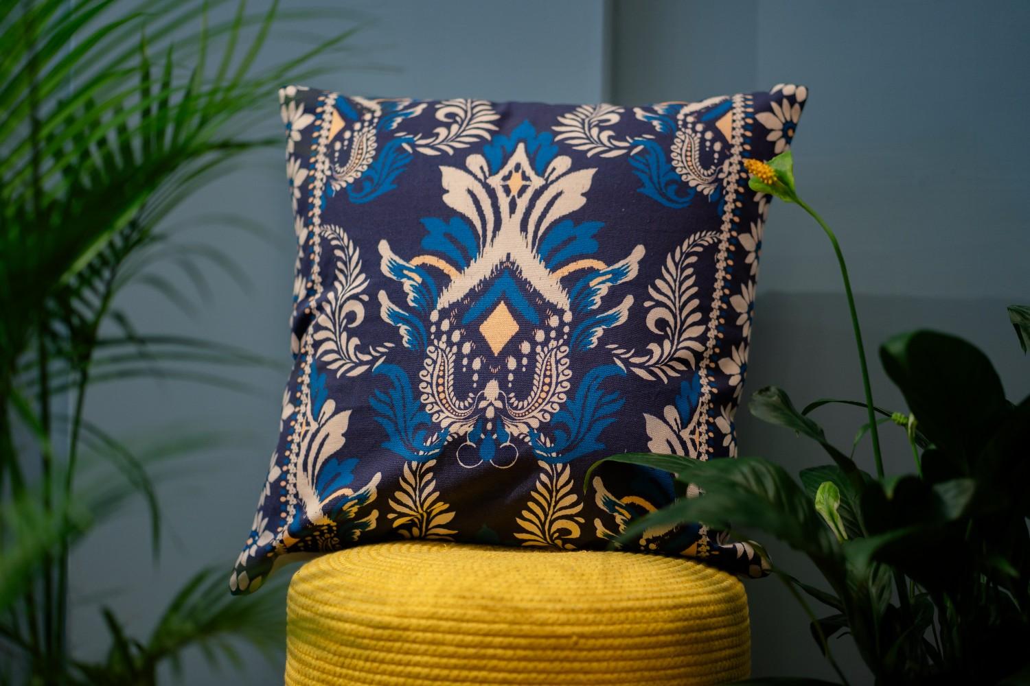 IndigoBloom Hand-Woven Ikat Cushion Cover – Artisanal Heritage Collection