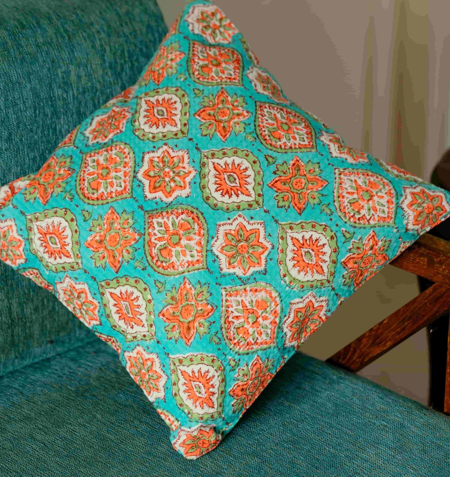 Sea Green Handblock Print Cushion Cover