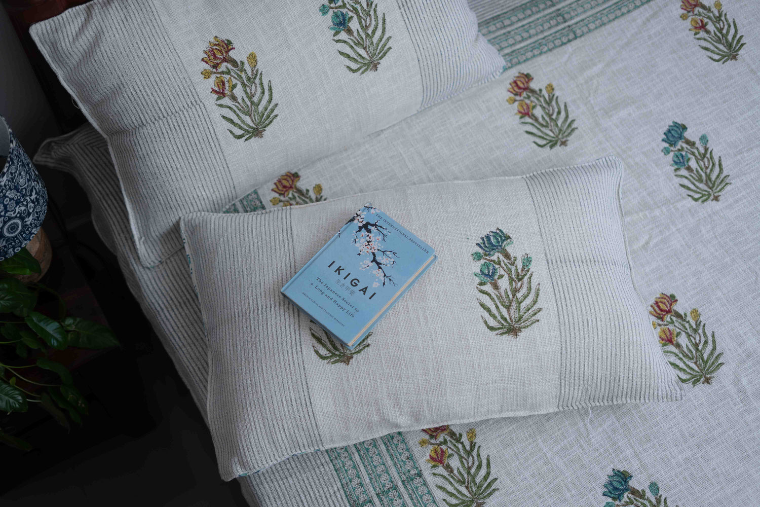 Watercolor Botanical Drift Jute Bed Cover – Artisan Natural Bedding with Hand-Painted Design