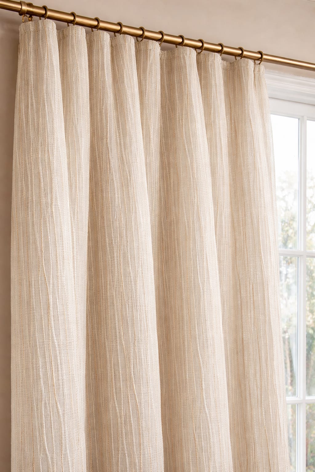 Sheer Champagne Linen Curtain with Gold‑Thread Vertical Stripes