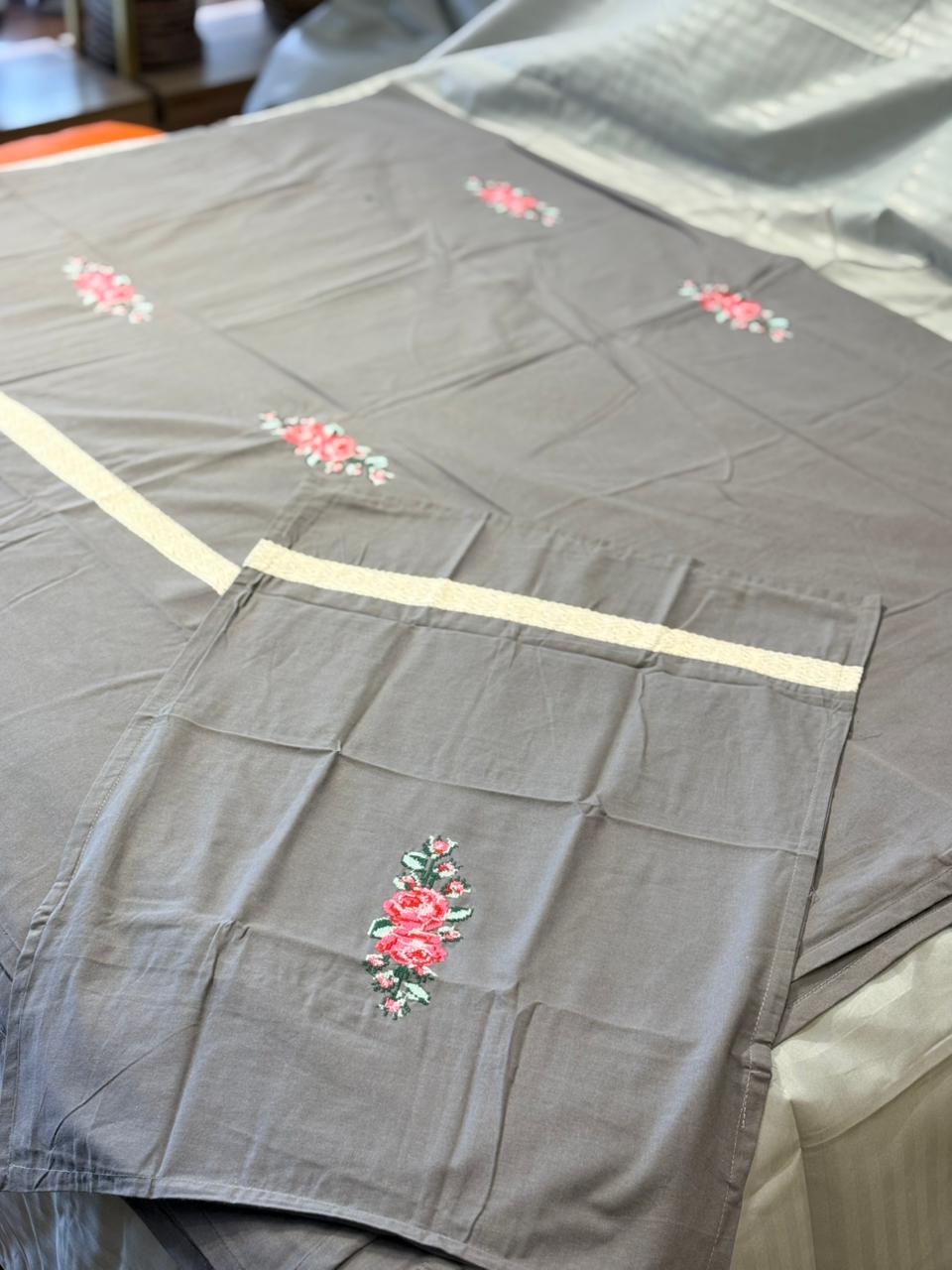 Grey Elegance: Embroidered Pink Rose Bedsheet with Lace Trim