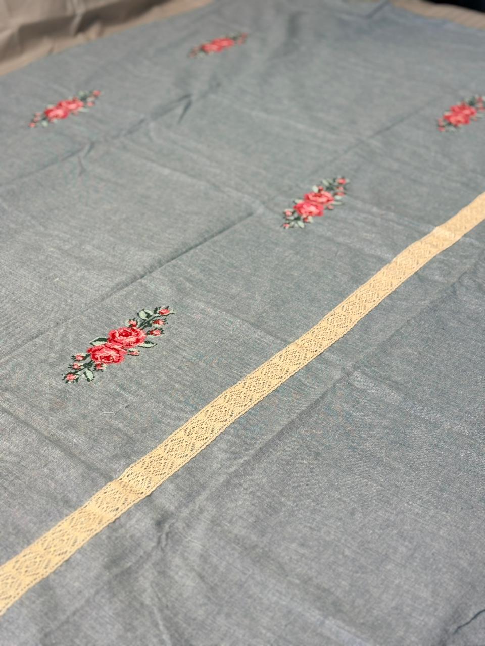 Elegant Grey Bedsheet with Pink Rose Embroidery & Cream Lace Trim
