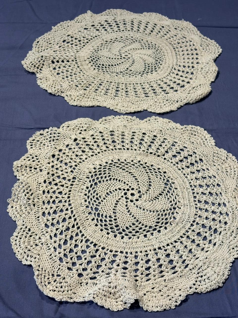 Elegant Pair of Off‑White Crocheted Circular Doilies with Spiral Lace Edging
