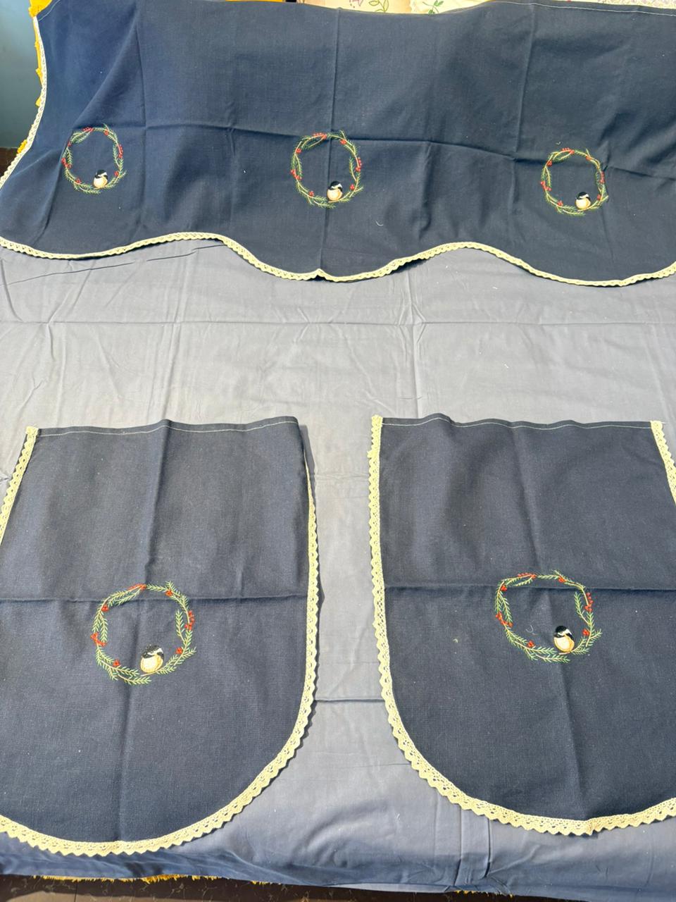 Navy Blue Embroidered Bird‑Wreath Sofa Cover with Lace Trim