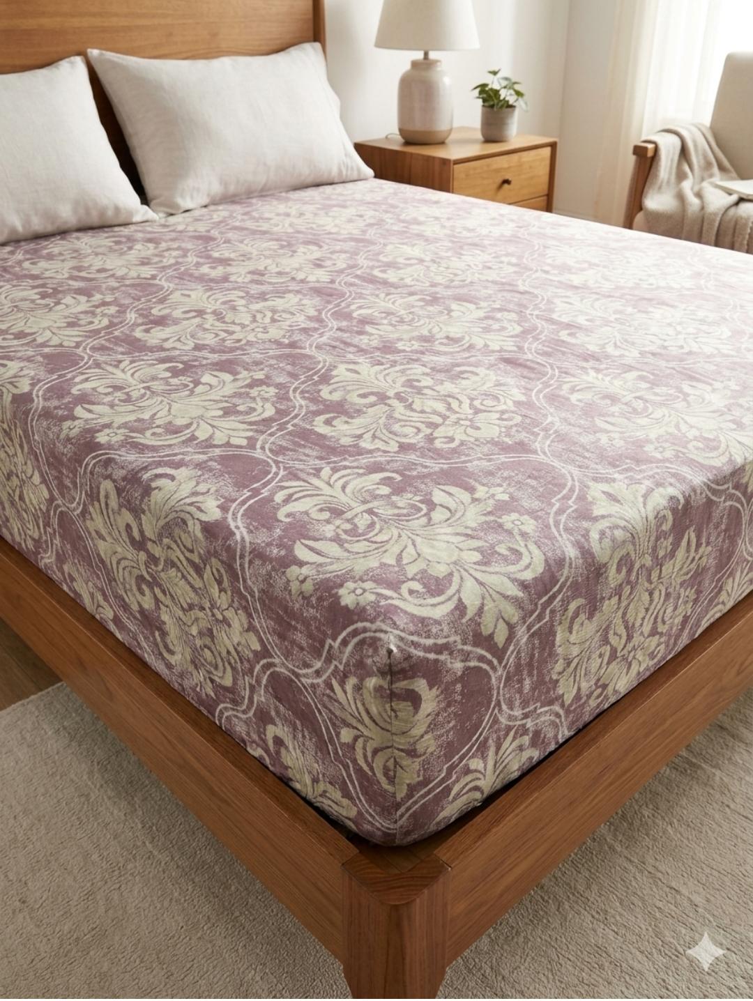 Vintage Mauve Floral King‑Size Fitted Bedsheet