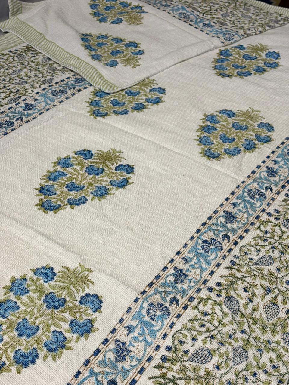 Blue‑Floral Elegance King‑Size Jute Bedsheet