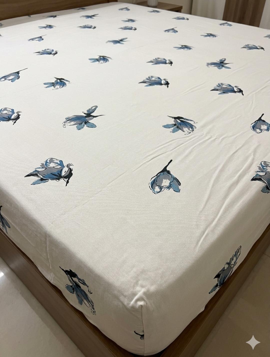 White King‑Size Fitted Bedsheet with Blue Butterfly Print